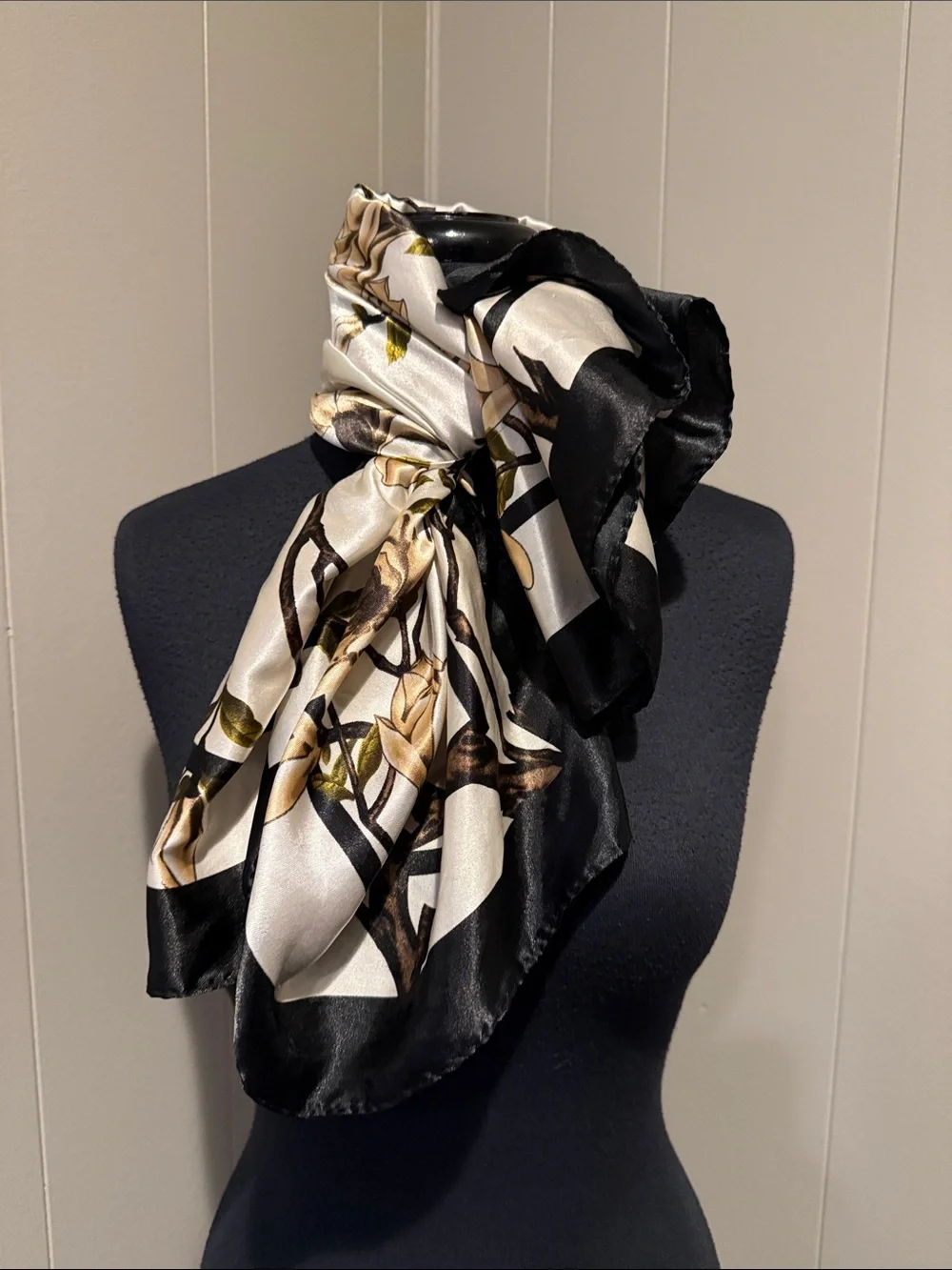 Botanical Women’s Satin-Feel Wrap Scarf in Black, Brown and Cream